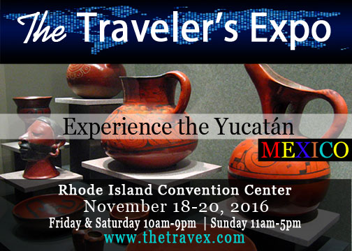 A postcard mailer graphic about The Traveler's Expo and virtual experiences in the Yucatan
