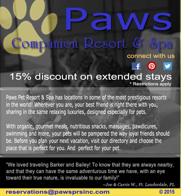 An e-blast about Paws Companion Resort and 15% discount on extended stays.